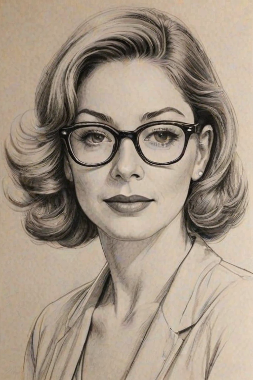 Sublime Sharon Lawrence, pencil sketch, portrait of Pleasing woman 1936s in glasses, hair style beatnik, outline, clear lines, fine lines, 8k