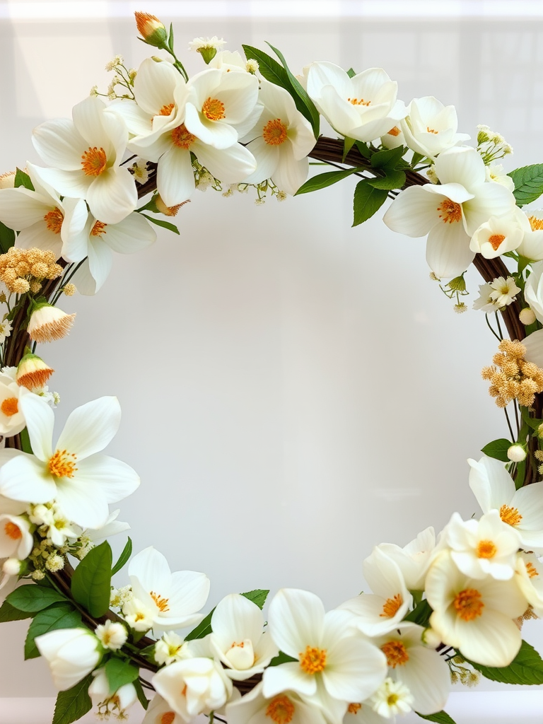Create a detailed floral wreath with a variety of white flowers and gold accents on a transparent background, using a Canon EOS R5 camera, 50mm lens, aperture f/2.8, ISO 100, and soft natural lighting to enhance clarity and texture.