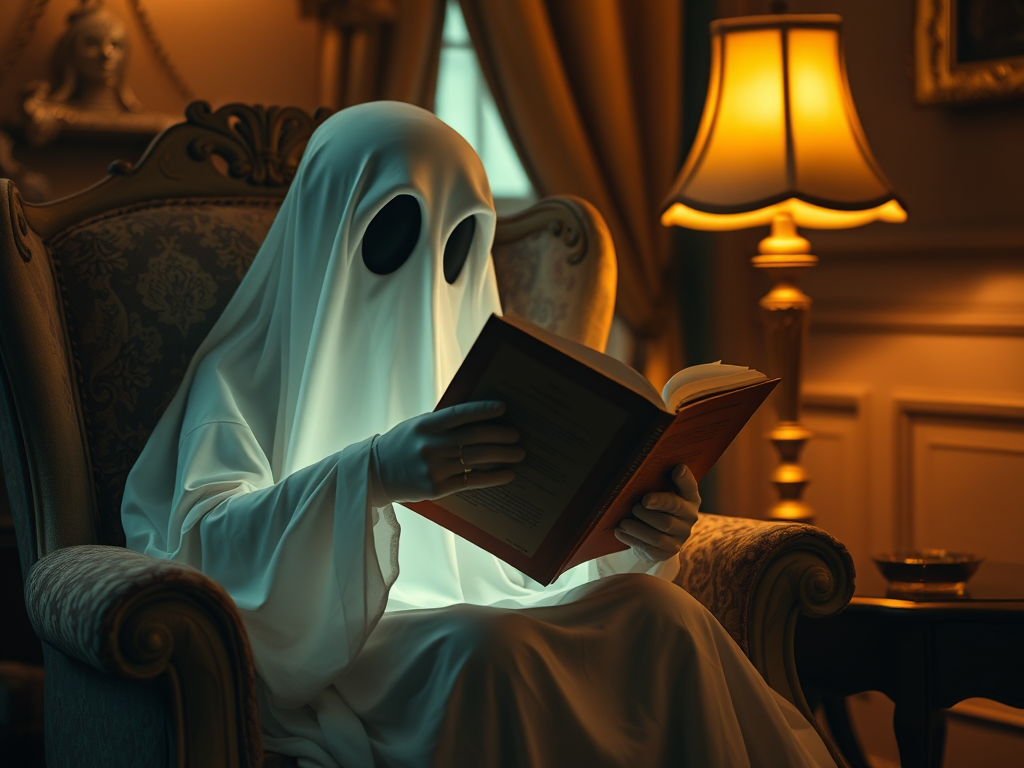 A cozy ghost reading a book in an elegantly designed armchair, warm ambient light from a nearby lamp, soft focus, high resolution, f/2.8 aperture, 50mm lens, natural lighting setup, DSLR camera.