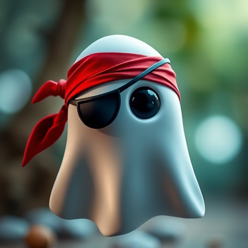 Create a cartoon pirate ghost character with a red bandana and eye patch, using a Canon EOS R5, 50mm lens, f/1.8 aperture, ISO 100, in a soft-focus depth of field style with vibrant colors and high contrast.