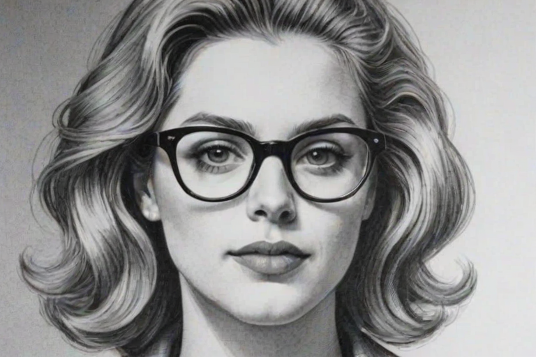 Magnificent Greta Garwig, pencil sketch, portrait of Exquisite woman 1975s in glasses, hair style beatnik, outline, clear lines, fine lines, 8k