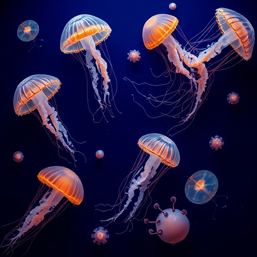high-quality vector illustration of various jellyfish on a dark blue background, overhead view, using a Canon EOS 5D Mark IV with a 50mm lens, aperture f/2.8, ISO 100, shutter speed 1/60 sec, vibrant colors and sharp details