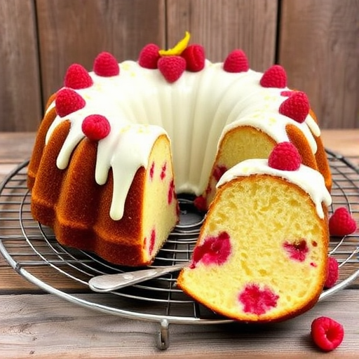 A beautifully decorated raspberry lemon bundt cake with cream cheese frosting topped with fresh raspberries and lemon zest on a wire rack against a rustic wooden background. A slice of the cake is cut and placed next to it, showcasing the moist interior filled with raspberries.
