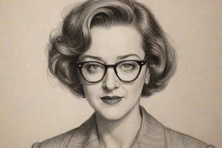 Sublime Joan Cusack, pencil sketch, portrait of Fascinating woman 1929s in glasses, hair style beatnik, outline, clear lines, fine lines, 8k