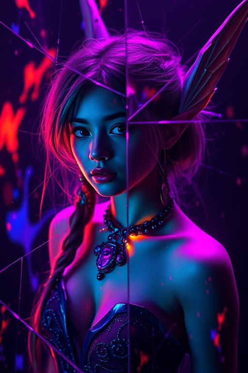 masterpiece, best quality, glitch, glitching, aesthetic, 8k unreal engine photorealism, ethereal lighting, purple, nighttime, darkness, surreal art, fantasy, glowing, Combine vibrant splashes of red, blue, yellow, and green, with swirling motions and color leaks to create an explosive and chaotic effect, broken glass, reflection, 1girl, elf, jewelry, upper body, split screen,
