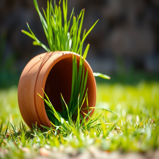 Create a high-resolution image of a terracotta pot tipped over with vibrant green grass spilling out, using a DSLR camera with a 50mm lens, aperture set to f/2.8 for a shallow depth of field, natural lighting to enhance colors, and positioned at a low angle for a dynamic view.