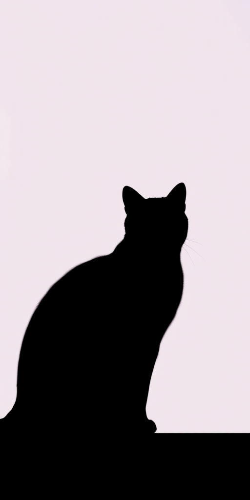 Generate a high-resolution image of a simplified, abstract silhouette of a cat against a solid background using a DSLR camera with a 50mm lens, aperture f/1.8, shutter speed 1/250s, ISO 100, shot from an eye-level angle to enhance depth and clarity.