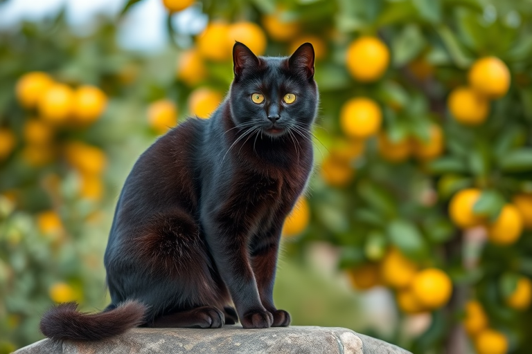 black cat sitting on a rock in a lemon garden with blurred yellow lemons in the background, taken with a Canon EOS R5, 50mm lens, aperture f/1.8, shutter speed 1/200s, ISO 100, natural light for enhanced image quality