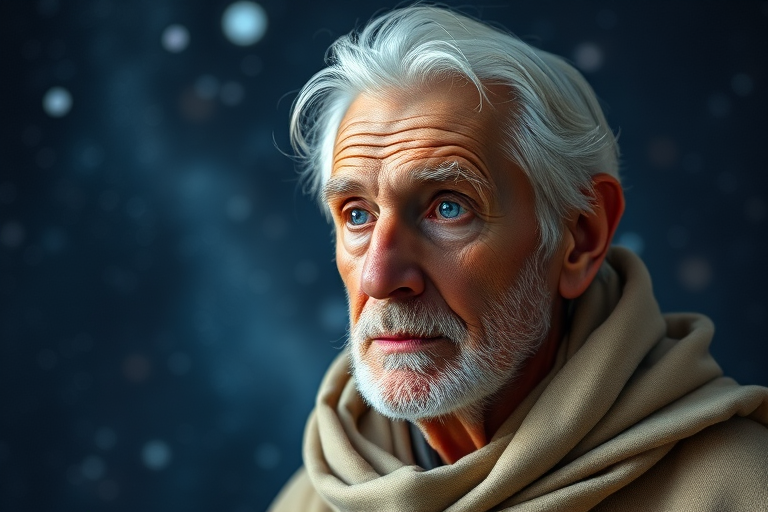 portrait of an elderly man with white hair and blue eyes, gazing thoughtfully at the viewer, wearing a beige cloak, intricate cosmic background with stars and galaxies, soft lighting, Canon EOS R5, 50mm lens, f/1.8, ISO 100, natural light, shallow depth of field