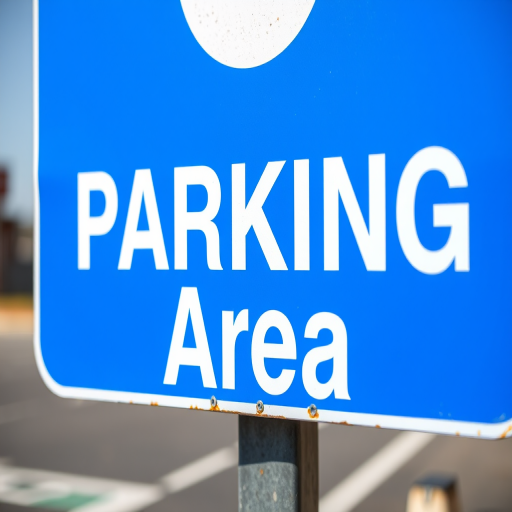 Create a clear and vibrant image of a blue parking area sign with white bold text, using a DSLR camera at 50mm focal length, aperture f/4, ISO 100, shot from a slight angle to highlight depth and clarity.