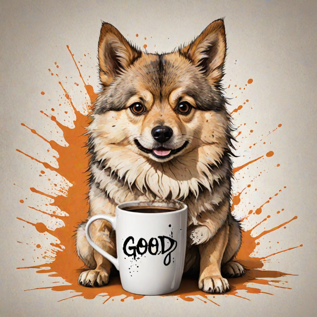 A quirky, artistic illustration of a disheveled shikoku dog breed with exaggerated, large eyes and spiky fur, holding a coffee mug that reads "Good Morning". The dog has a tired but humorous expression, with ink splatters and abstract details surrounding it, giving a whimsical feel to the image. The color palette is mostly monochrome with hints of orange in the eyes and steam rising from the mug, enhancing the overall sleepy vibe