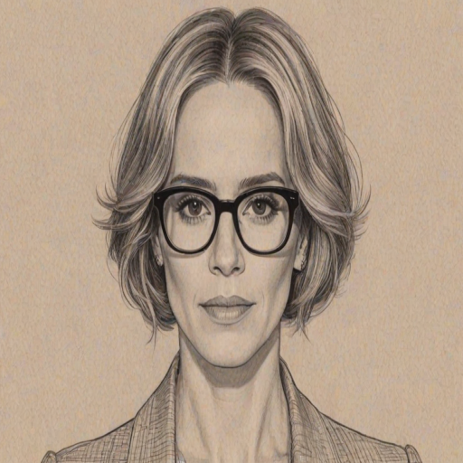 Beauteous Sarah Paulson, pencil sketch, portrait of Ravishing woman 1970s in glasses, hair style beatnik, outline, clear lines, fine lines, 8k
