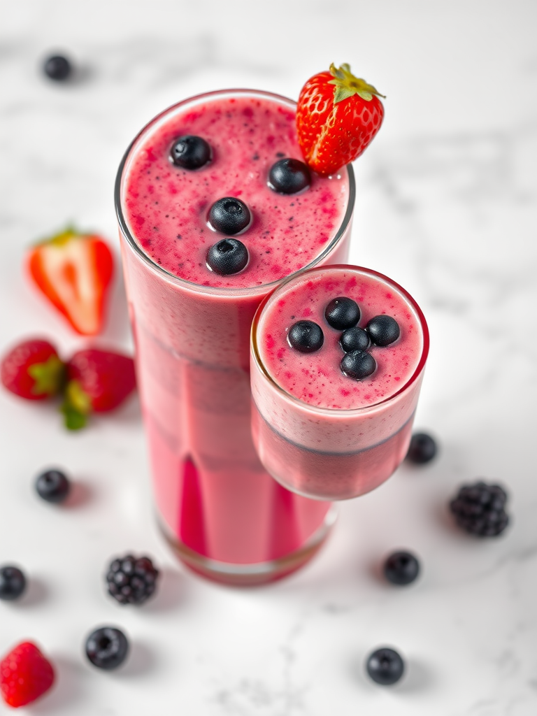 Create an image of two vibrant berry smoothies, one tall and one short, with a smooth, creamy texture and topped with black tapioca pearls, set against a light marble background, shot with a Canon EOS 5D Mark IV at f/2.8, 1/125 sec, ISO 100, using a soft-focus style and a top-down angle for enhanced detail and depth.