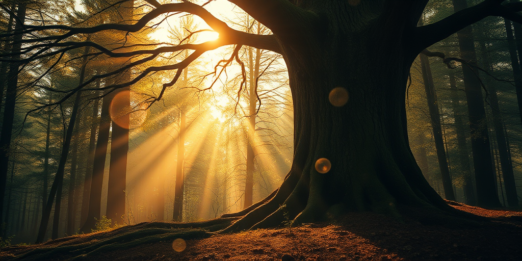 Create a mystical forest scene with a large tree in the foreground, soft golden light filtering through the trees, ethereal glowing orbs floating in the air, using a DSLR camera with an aperture of f/2.8, a shutter speed of 1/125s, and ISO 200, taken from a low angle with a wide-angle lens to enhance depth and detail.