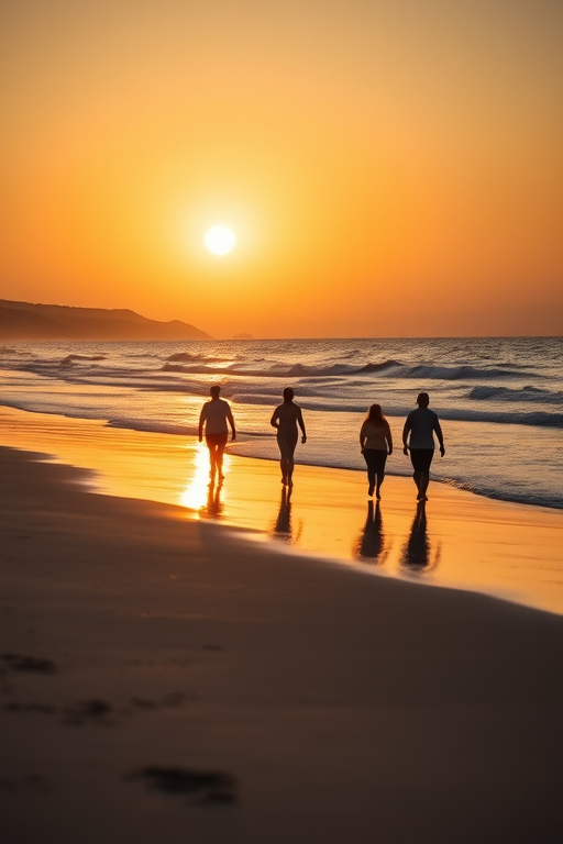 Capture a serene beach scene with five people walking along the shoreline during golden hour, using a Canon EOS R5, 35mm lens, f/2.8 aperture, ISO 100, 1/200 sec shutter speed, shallow depth of field, and soft focus on the background for enhanced image quality.