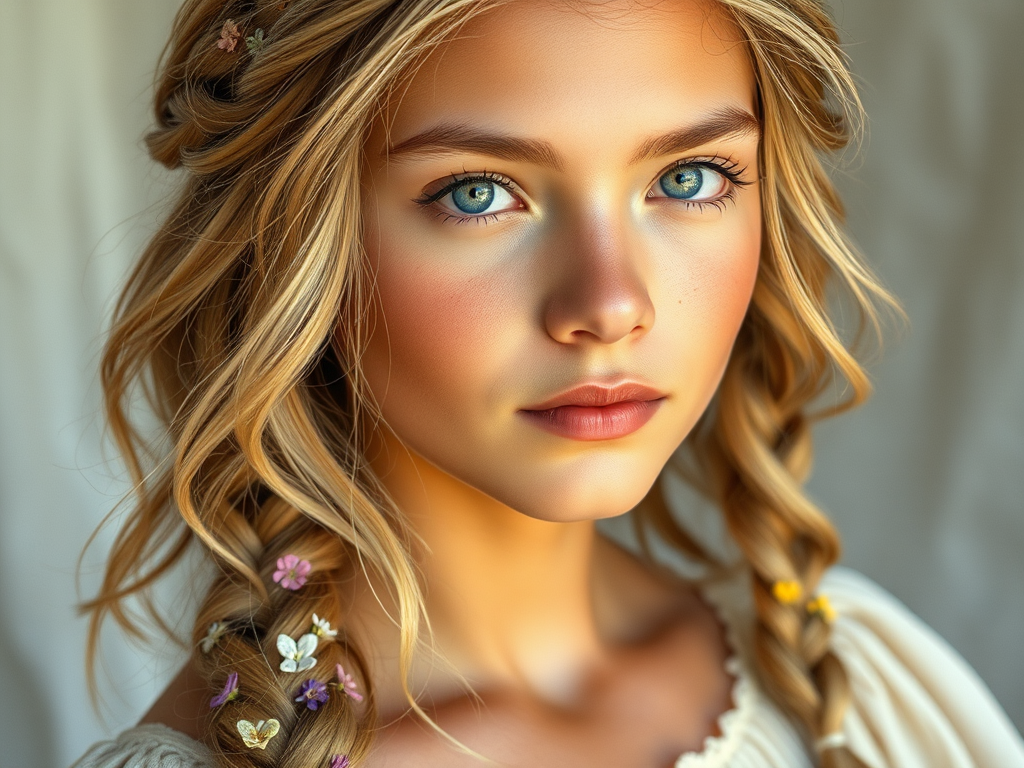 Create an image of a young Latino woman with long, wavy blonde hair, adorned with small, colorful flowers woven into her braids and loose strands. Her complexion is fair, with soft, glowing skin, and she has light blue eyes that gaze softly at the viewer. She wears a light, flowing dress with a gentle, ethereal quality, complementing her delicate and serene appearance. The background is slightly blurred, drawing focus to her tranquil expression and the intricate details of the flowers in her hair. The overall mood of the image is one of natural beauty and grace, evoking a sense of peacefulness and connection with nature.