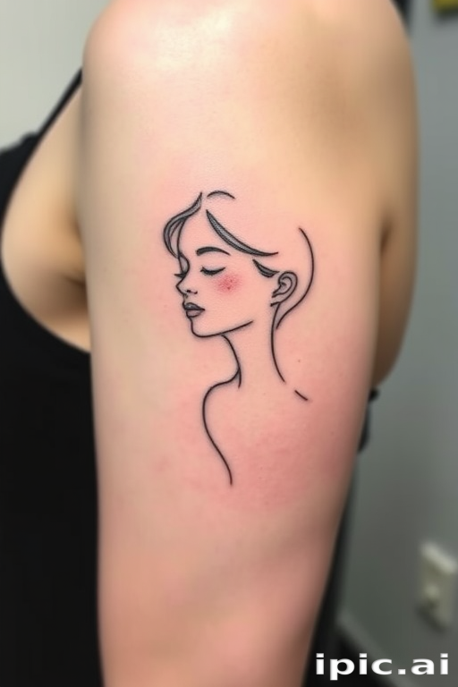 Elegant minimalist tattoo featuring a single continuous line forming a graceful portrait, clean and simple design with subtle curves and angles, understated yet powerful artistic statement