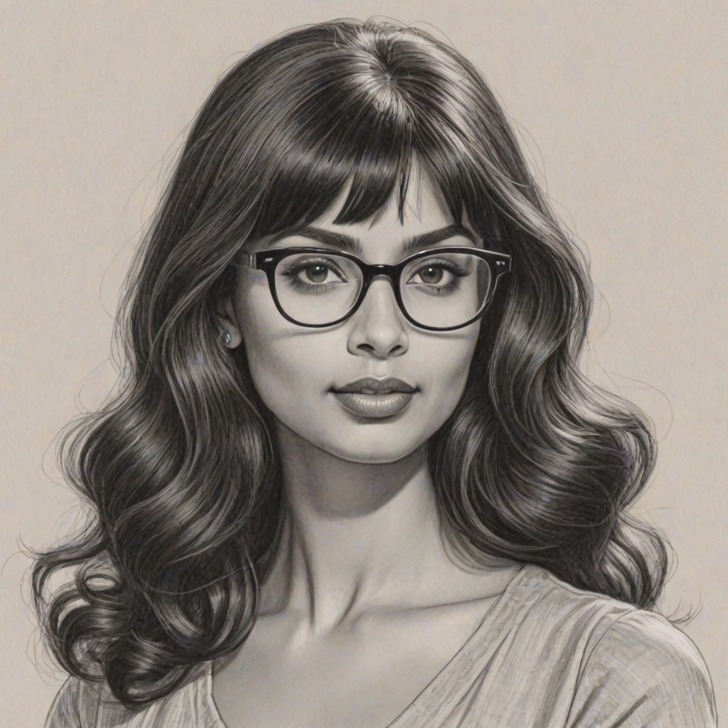 Exquisite Jameela Jamil, pencil sketch, portrait of Fascinating woman 1952s in glasses, hair style beatnik, outline, clear lines, fine lines, 8k