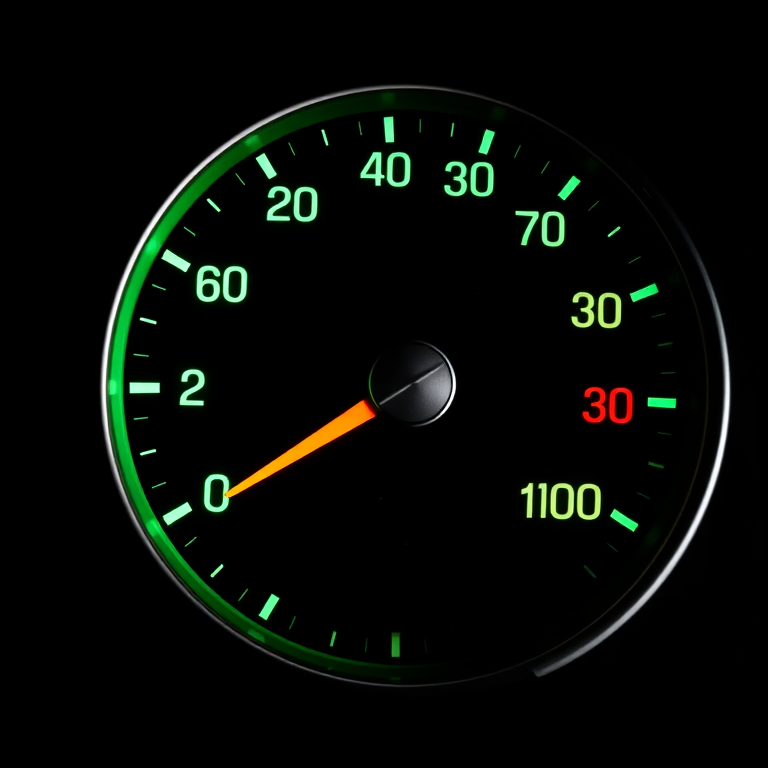 a high-resolution digital illustration of a fuel gauge with a black background, showing the needle pointing towards empty, vibrant green indicators, clean lines and minimalistic design, taken with a DSLR camera at f/8 aperture, ISO 100, 50mm lens, top-down view, high contrast lighting