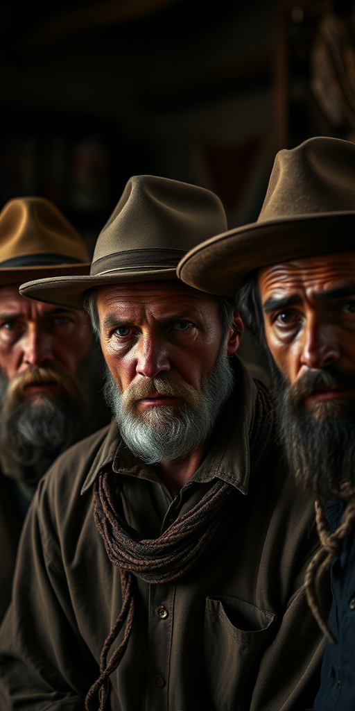 Create a high-resolution portrait of five men with serious expressions, wearing tattered, earthy-toned clothing and hats, with dramatic lighting highlighting their faces, shot with a Canon EOS R5, using a 50mm f/1.2 lens, at ISO 100, aperture f/2.0, in a dimly lit interior setting to enhance texture and detail.