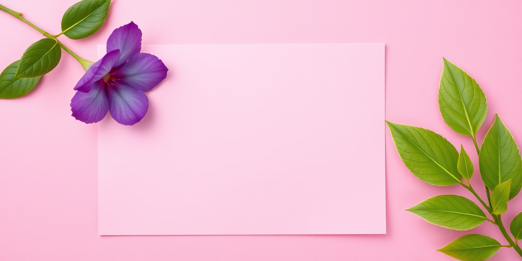 Create a vibrant, empty notepad design with a pink background, a purple flower in the top left corner, green leaves, high resolution, wide-angle view, DSLR camera, f/2.8 aperture, 1/60 sec shutter speed, ISO 100.