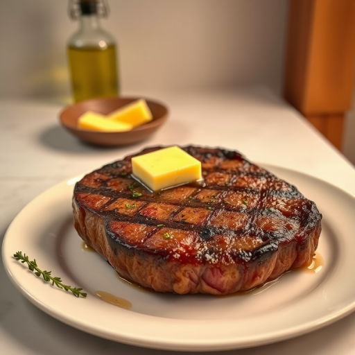 Create an image of a perfectly seared ribeye steak, resting on a white plate with a pat of melting butter on top. The steak is seasoned with fresh herbs like thyme and parsley, with glistening juices highlighting the texture of the meat. The background features a soft focus on a light, marble countertop, with a small dish of butter and an olive oil bottle in the distance. The overall mood should be warm and inviting, capturing the deliciousness and juiciness of the steak.