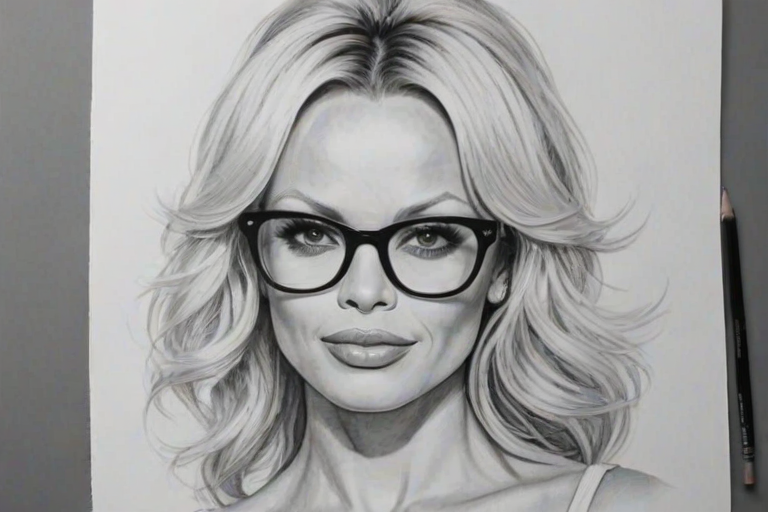 Delightful Pamela Anderson, pencil sketch, portrait of Splendid woman 1969s in glasses, hair style beatnik, outline, clear lines, fine lines, 8k