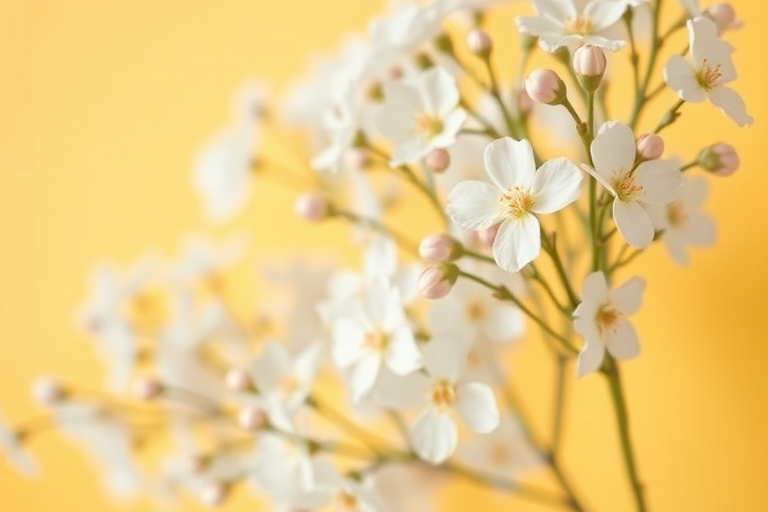 regenerate a floral background with soft white flowers on a warm yellow backdrop, using a shallow depth of field, captured with a DSLR camera at f/2.8, 50mm lens, ISO 200, natural soft lighting, slightly blurred edges to create a dreamy effect