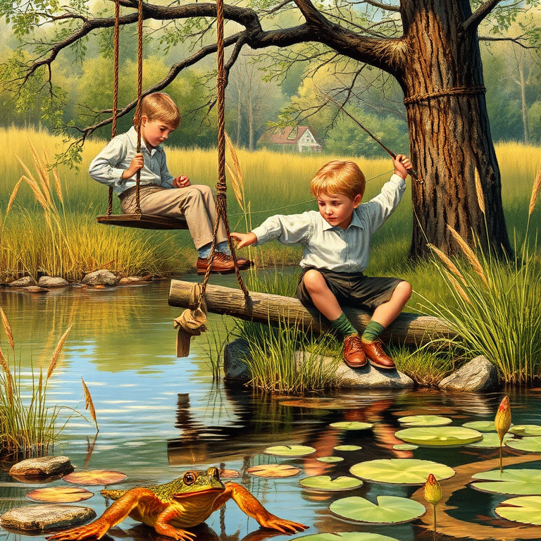 Imagine a small group of old fashioned young boys out fishing by the creek, a swing hanging from a tree branch, reeds and grasses by the water's edge, a frog sitting on a lily pad, dragonflies hovering over som water plans, a very iconic old fashioned scene reminiscent of a Norman Rockwell painting style