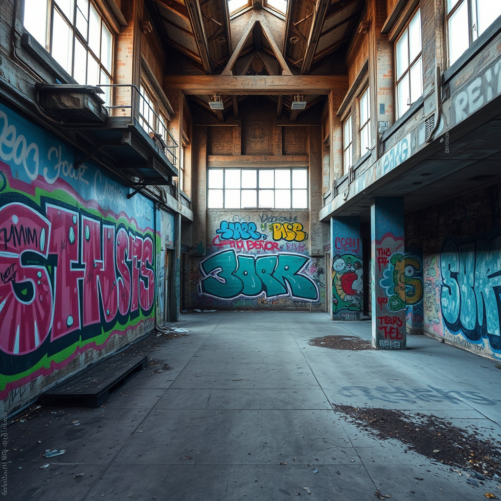 Regenerate an urban graffiti scene featuring vibrant wall art in an abandoned building, captured with a Canon EOS 5D Mark IV, 24mm lens, aperture f/8, ISO 200, shutter speed 1/125s, shot in natural light from a low angle to highlight the textures and colors.