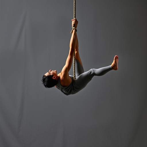 Create an image of an acrobat performing a dynamic pose while hanging from a thick rope against a textured gray background, using a Canon EOS R5, 50mm lens, f/1.8 aperture, ISO 100, shot in portrait orientation with a shallow depth of field for enhanced focus on the subject.