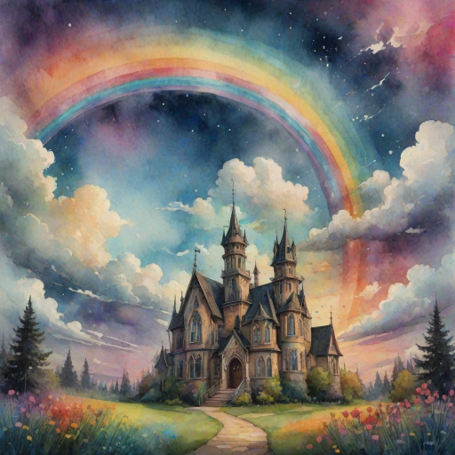 A whimsical and surreal sky with a vibrant rainbow, featuring dramatic lighting effects and a textured watercolor background, with a touch of gothic aesthetic.