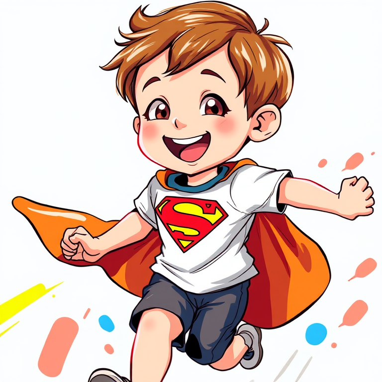 Create a colorful and dynamic illustration of a child with short brown hair wearing a superhero t-shirt and shorts, running energetically with a joyful expression, captured in a close-up view with a vibrant color palette, using a digital drawing style at 300 DPI resolution to enhance image quality.