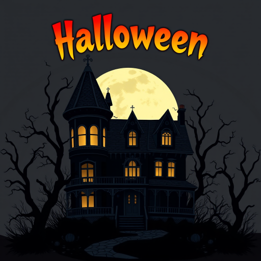 Create an illustration of a dark, Victorian-style haunted house set against a full moon. The house should be intricate, surrounded by twisted, barren trees, and evoke a spooky Halloween atmosphere. Above the house, include the word "Halloween" in a bold, orange gradient font. Use a ghostly, eerie style to bring the scene to life.