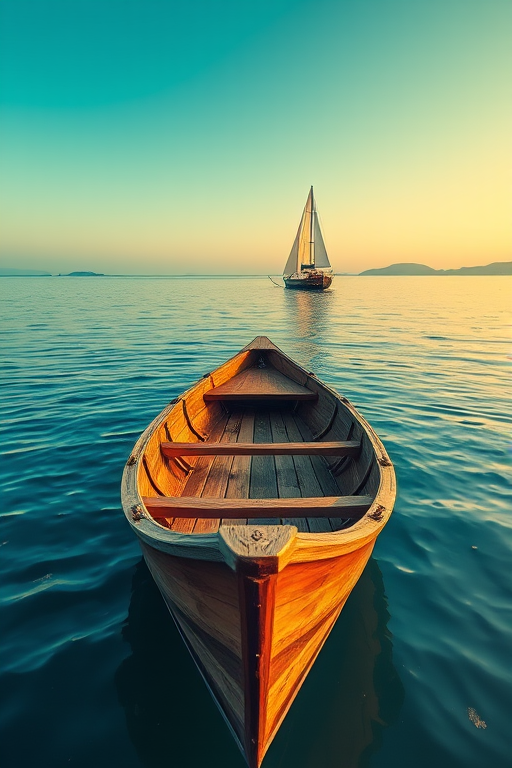 Regenerate the image of a wooden boat on calm water with a small sailboat in the background, using vibrant blue and warm yellow colors, captured with a DSLR camera, aperture f/8, shutter speed 1/200s, ISO 100, and a wide-angle lens for a clear and detailed perspective.