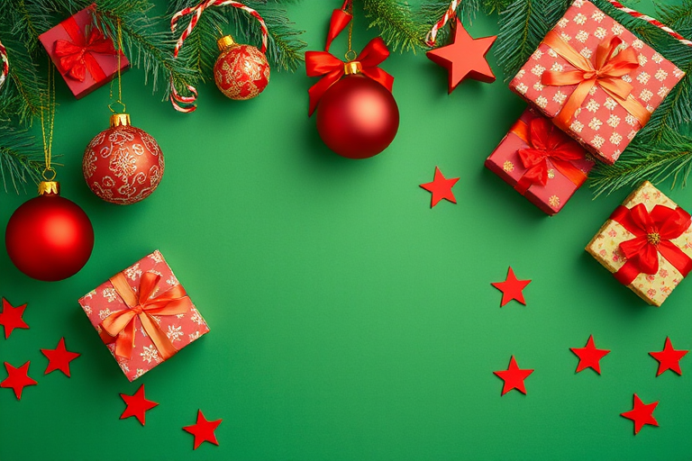 Generate a festive holiday scene featuring a green background with red and gold Christmas ornaments, presents wrapped in colorful paper with bows, and scattered red stars. Include a touch of evergreen branches for a seasonal feel.
