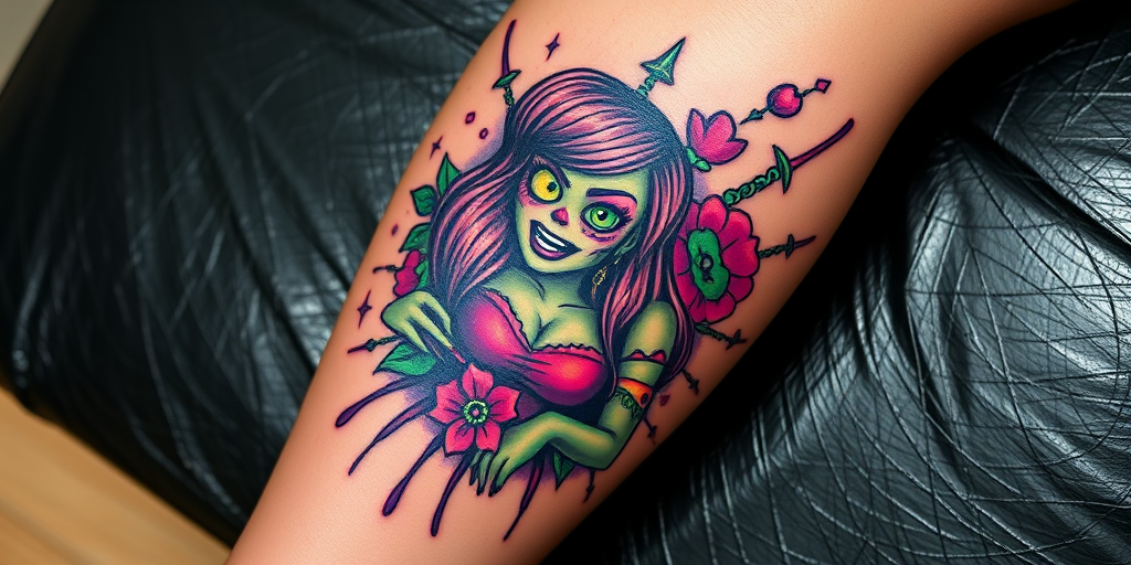 Vibrant new school tattoo on the shin, featuring a cartoonish zombie pinup girl surrounded by bold, exaggerated elements in electric green and purple