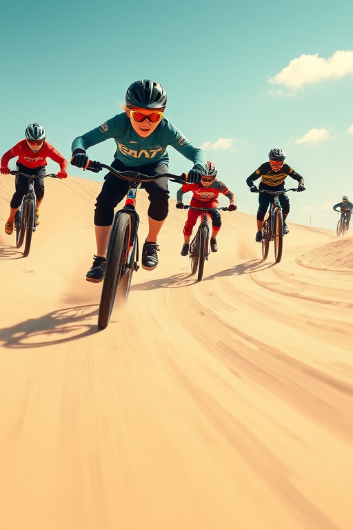 Generate an illustration of five BMX riders racing down a sandy track under a clear sky, capturing dynamic movement and shadows; use a DSLR camera with a 50mm lens, f/2.8 aperture, 1/1000 shutter speed, and ISO 200, with a low angle view to emphasize speed and action.