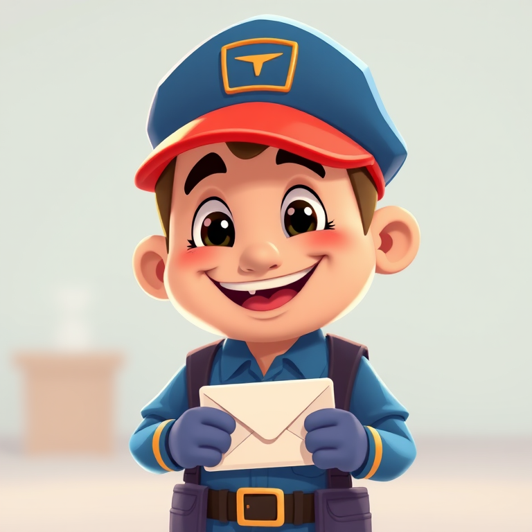 Create an illustration of a smiling character resembling a postman wearing a cap, holding an envelope in a cartoon style, with bright colors, using a Canon EOS R5 camera, 50mm lens, aperture f/4, ISO 100, with a shallow depth of field and soft background.