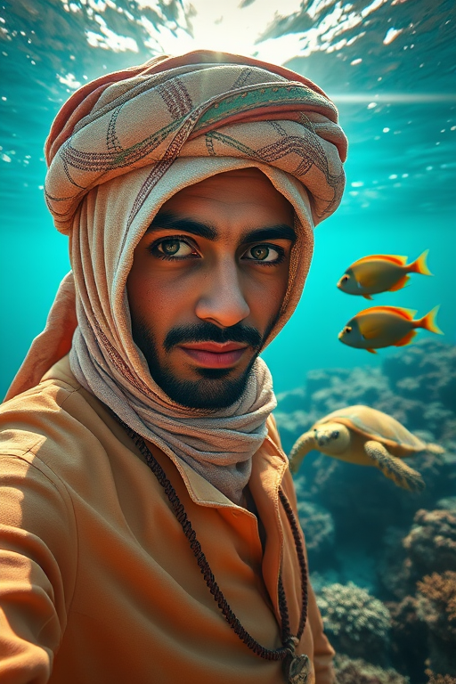 Realistic selfie image of a Sahrawi, wearing a vintage outfit, detailed dreamy eyes, droopy hooded eyes, staring at the camera, taken underwater at coral reef with a sunbeam filtering through the water, vibrant, summer vacation, natural lighting, turtle and school of tropical fish with vibrant colors, rendered in the style of CryEngine, Pegi Nicol MacLeod, with realistic genre scenes, hauntingly beautiful narratives, ultra-realism, and Thomas Saliot's close-up technique, 8K resolution, crystal clear and sparkling water.