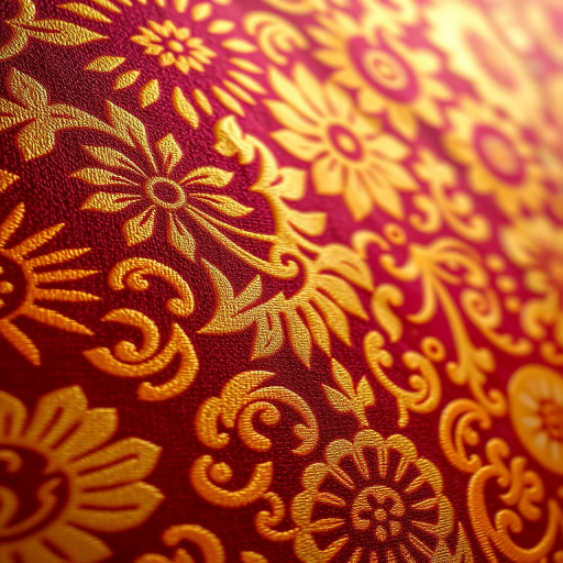 Detailed close-up of a richly patterned textile featuring intricate floral and geometric designs in gold and red hues, captured with a DSLR camera using a 50mm lens, aperture set to f/2.8, ISO 100, and a soft diffused lighting setup to enhance texture and color vibrancy.