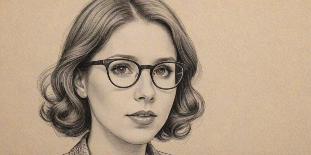 Charming Vanessa Bayer, pencil sketch, portrait of Lovely woman 1951s in glasses, hair style beatnik, outline, clear lines, fine lines, 8k