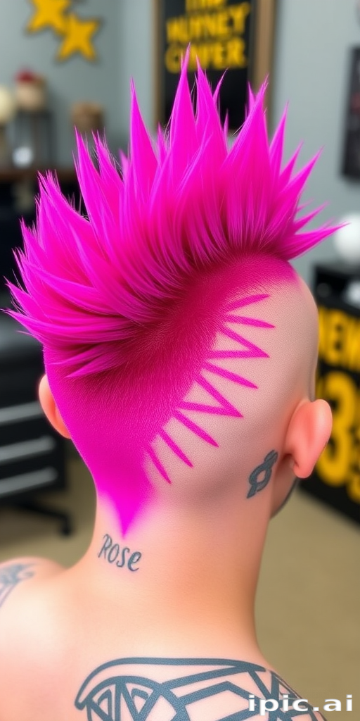 Bold magenta mohawk called "Rebel Rose," stands tall and proud with shaved sides, featuring intricate geometric patterns etched into the buzzed areas, while the vibrant center strip is styled into spiky tufts for a fierce and daring statement