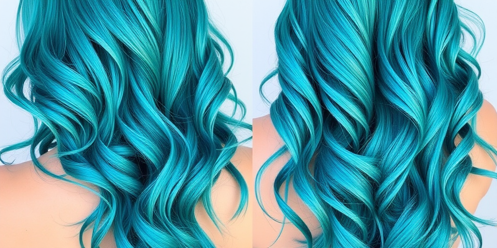 Vibrant teal mermaid waves cascading down to the waist, shimmering with iridescent highlights, styled in loose beachy curls called "Ocean's Whisper" exuding a carefree and ethereal vibe