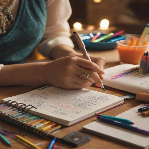 Close-up of a woman’s hands journaling in a beautiful notebook, surrounded by colorful pens and markers, with soft light illuminating her creative thoughts.