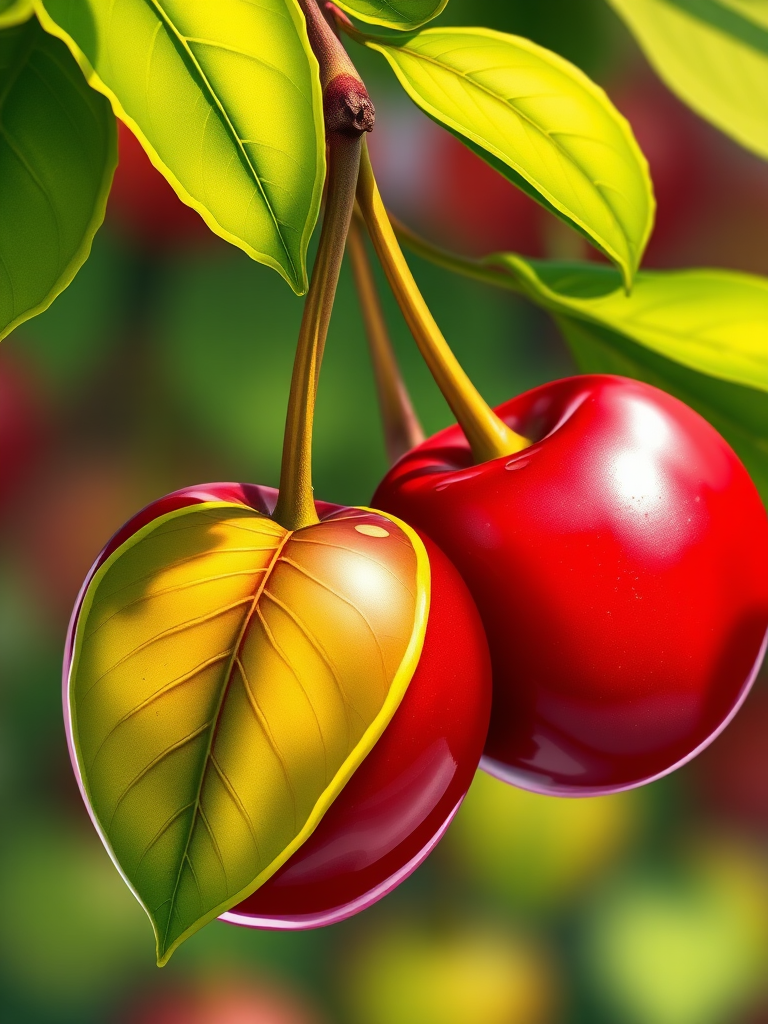 Create a vibrant illustration of two cherries with green leaves, captured in a high-resolution digital format, using a macro lens at f/2.8, with natural lighting to enhance the color contrast and detail, viewed from a slightly elevated angle.