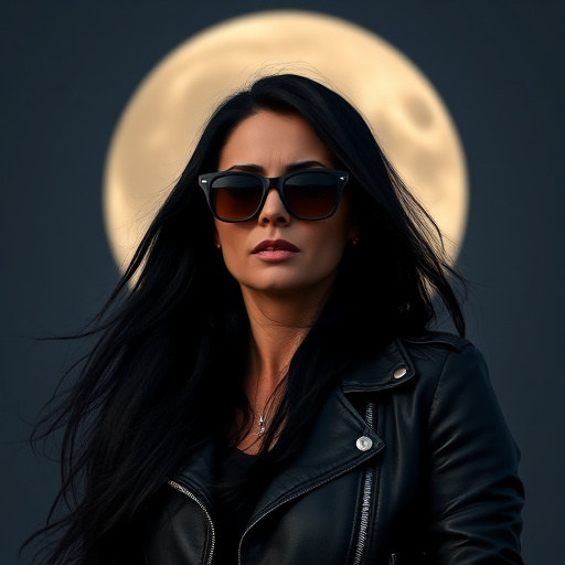 Create a portrait of a strong woman with long, flowing black hair and sunglasses, wearing a leather jacket, against a full moon background, captured with a DSLR camera, 85mm lens, aperture f/1.8, ISO 100, natural light, with a shallow depth of field.