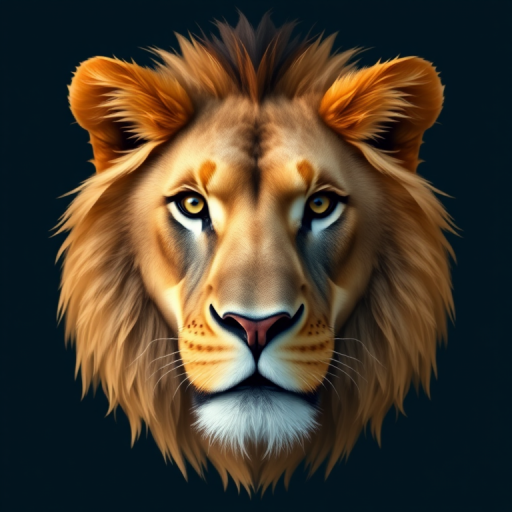 Create a high-resolution geometric lion portrait with a symmetrical design, camera settings ISO 100, aperture f/8, focal length 50mm, taken from a frontal view using a digital DSLR camera style.