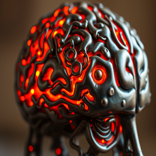 A highly detailed close-up of a glowing bronze brain sculpture with intricate circuitry and deep orange illumination, shot at f/2.8, ISO 100, shutter speed 1/60s, professional DSLR camera, macro lens, natural lighting, emphasizing texture and clarity.