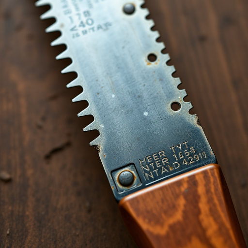 Create a high-resolution image of a vintage handsaw with detailed teeth and a wood handle, using a DSLR camera with a 50mm lens, aperture set to f/2.8 for a shallow depth of field, shooting from a slightly angled top-down view to emphasize the blade's curves and reflections, in natural lighting for a soft, even illumination.